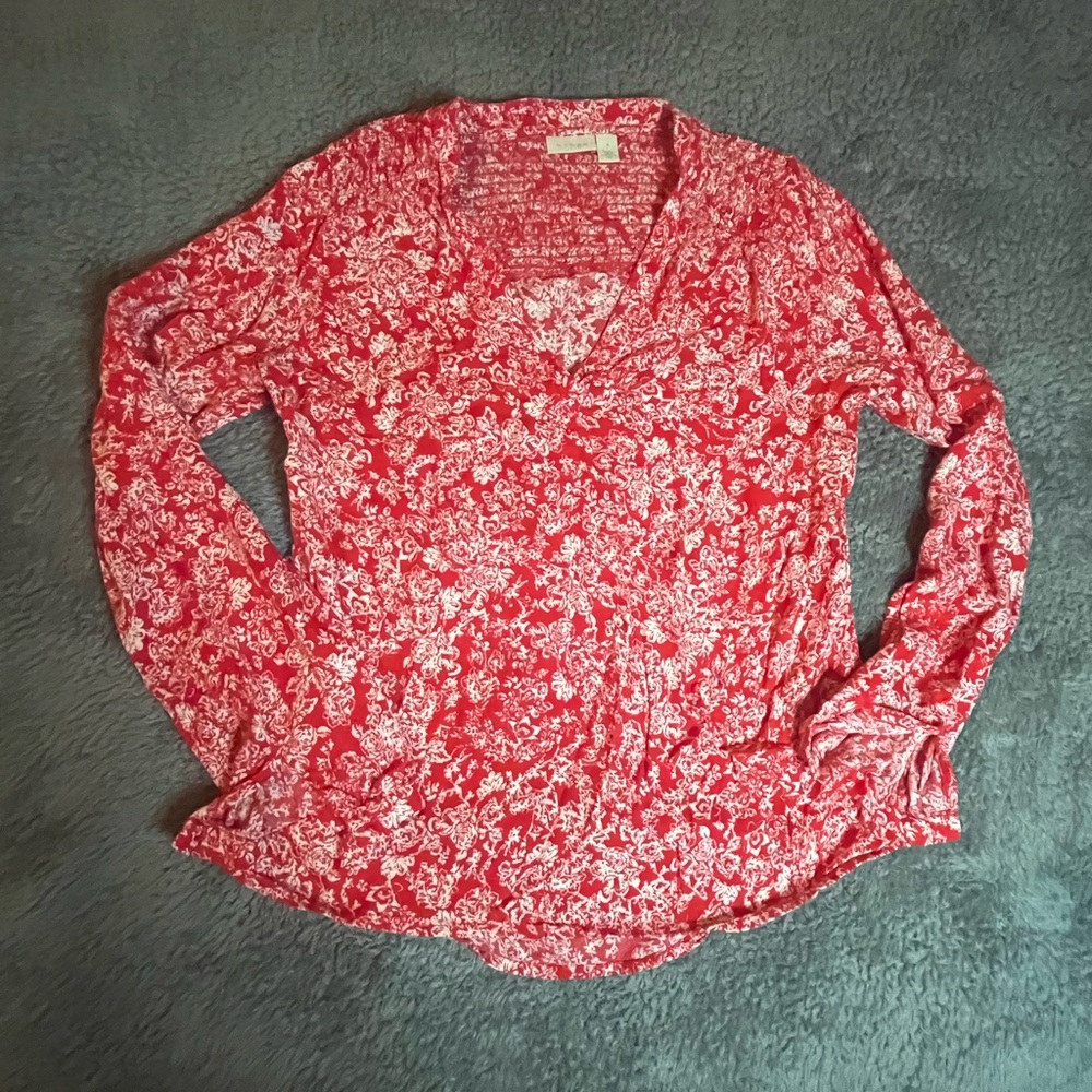 Hinge Women’s Red Scarlet Floral Garden V-Neck Smocked Top – Size Small NWOT - Picture 2 of 7
